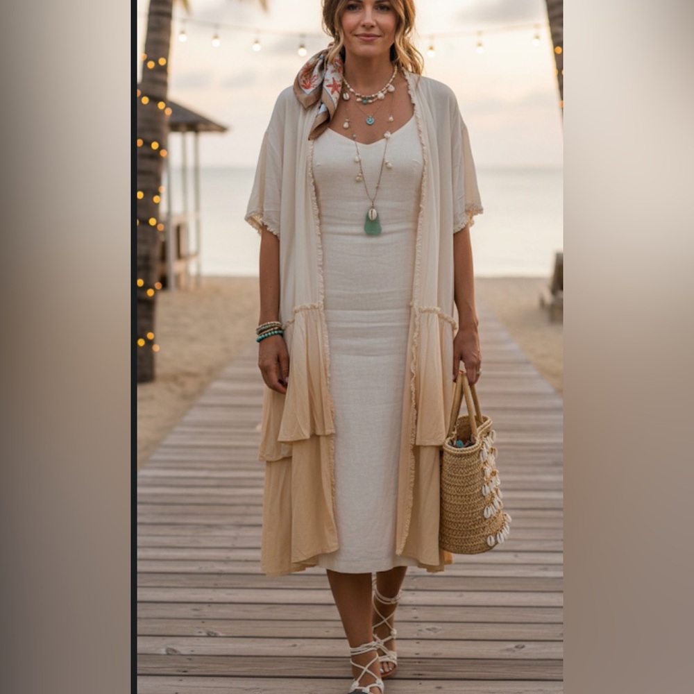 Mauroces‎ Rayon S Cream and Tan Layered Kimono Cardigan Neutral Boho Western 21